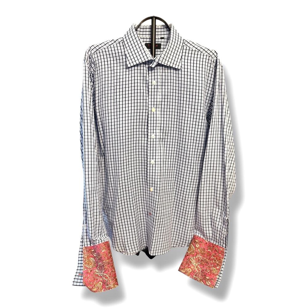 TAKUMI JAPAN Men’s XL Blue Plaid Button Up Shirt Paisley Contrast Cuffs